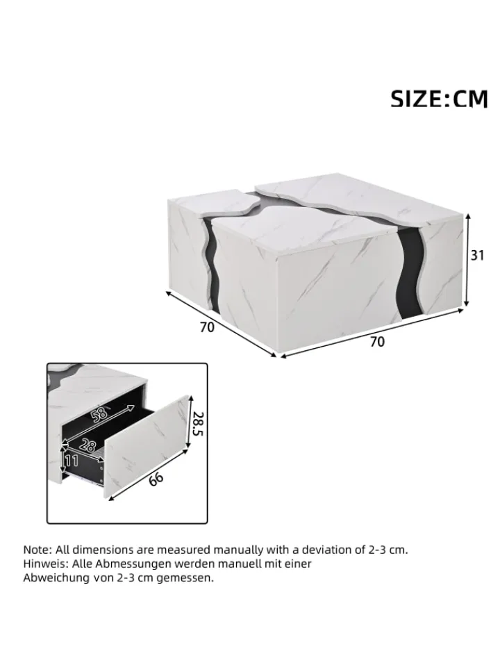 ABRIHOME Tische<Couchtisch mit Schublade in Weiß, Würfelform & Marmoroptik