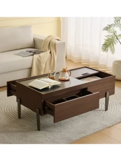 ABRIHOME Tische<Couchtisch mit Schubladen & Glasplatte in Dunkelbraun