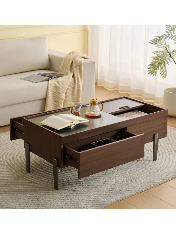 ABRIHOME Tische<Couchtisch mit Schubladen & Glasplatte in Dunkelbraun