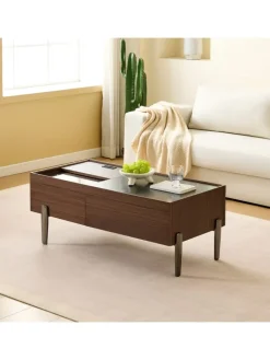 ABRIHOME Tische<Couchtisch mit Schubladen & Glasplatte in Dunkelbraun
