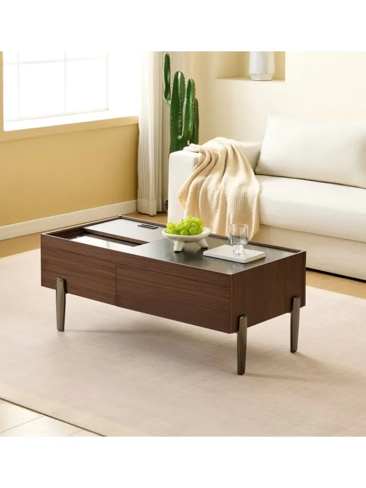 ABRIHOME Tische<Couchtisch mit Schubladen & Glasplatte in Dunkelbraun