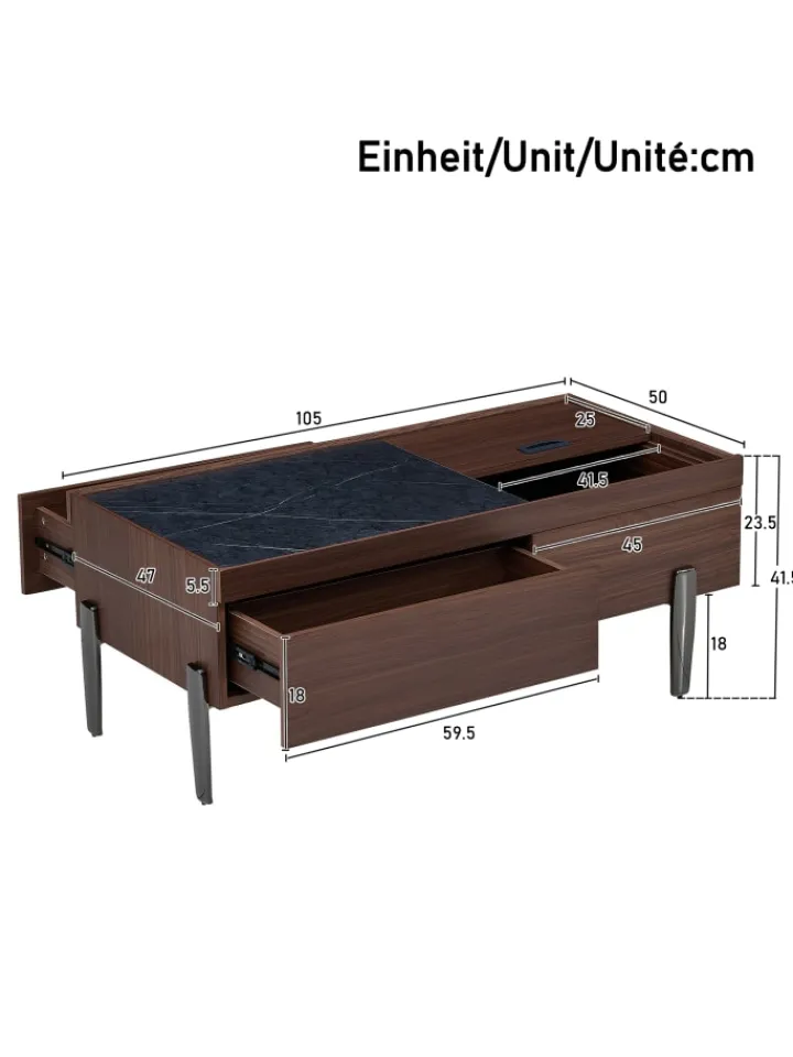 ABRIHOME Tische<Couchtisch mit Schubladen & Glasplatte in Dunkelbraun