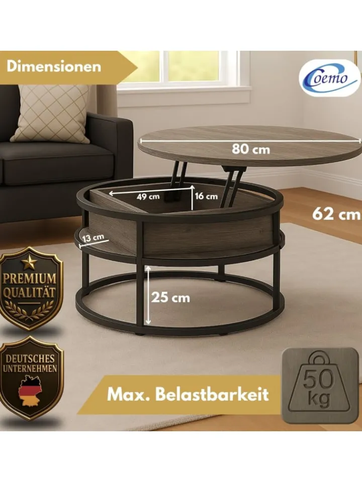 Coemo Tische<Couchtisch Swing aus Metall mit verstellbarer Holz Tischplatte in Grau