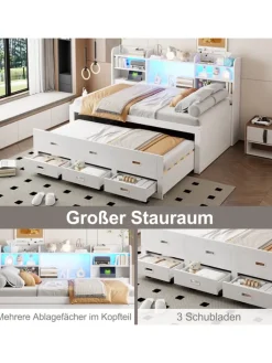 ABRIHOME Betten & Matratzen<Daybett in Weiß 90x200 cm mit LED USB und 3 Schubladen ohne Matratze