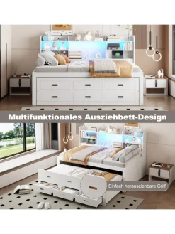 ABRIHOME Betten & Matratzen<Daybett in Weiß 90x200 cm mit LED USB und 3 Schubladen ohne Matratze