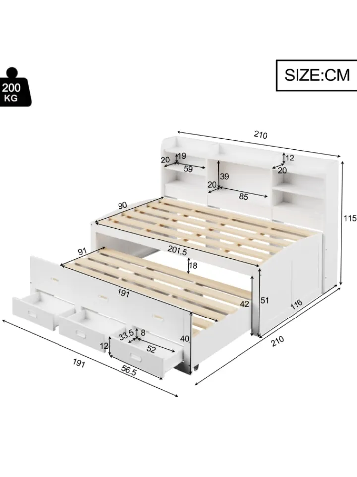 ABRIHOME Betten & Matratzen<Daybett in Weiß 90x200 cm mit LED USB und 3 Schubladen ohne Matratze
