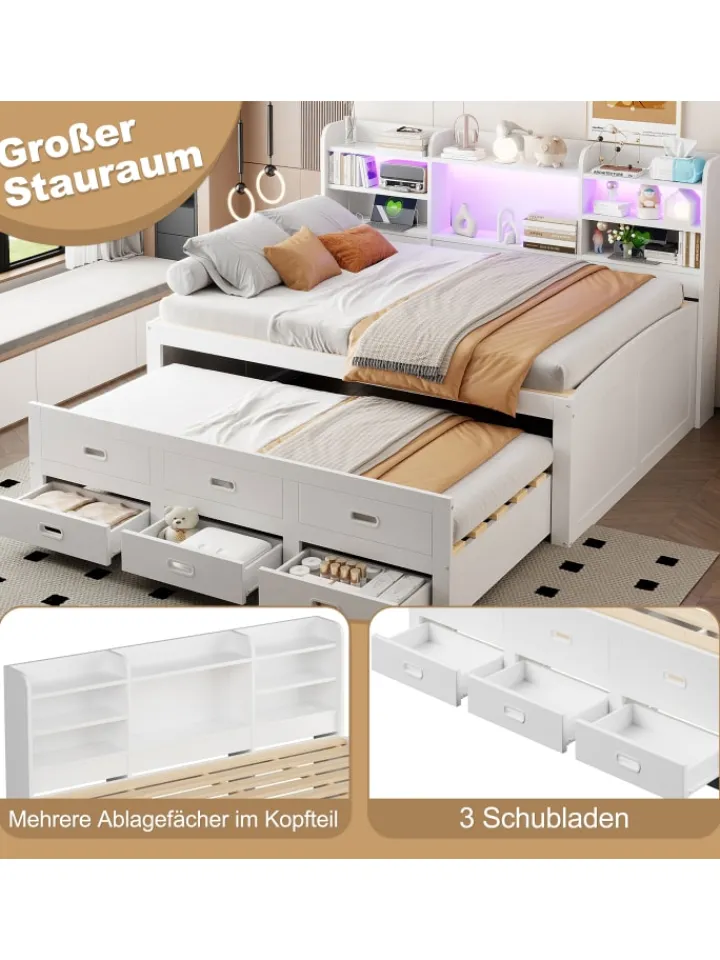 ABRIHOME Betten & Matratzen<Daybett in Weiß 140x200 cm mit LED USB und 3 Schubladen ohne Matratze