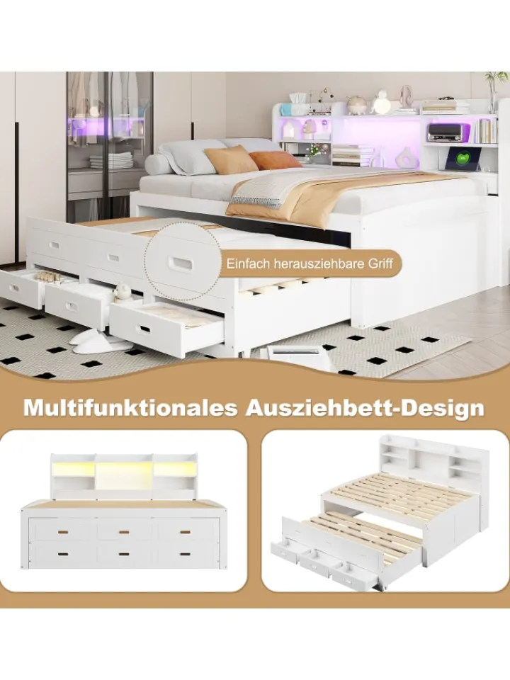 ABRIHOME Betten & Matratzen<Daybett in Weiß 140x200 cm mit LED USB und 3 Schubladen ohne Matratze