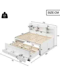 ABRIHOME Betten & Matratzen<Daybett in Weiß 140x200 cm mit LED USB und 3 Schubladen ohne Matratze