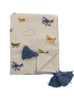 Bloomingville Wohndecken & Plaids<Decke PLANE Natur mit Flugzeugen und Blauen Quasten 160x130 cm