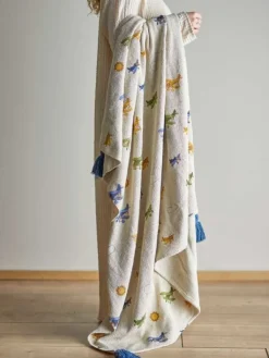 Bloomingville Wohndecken & Plaids<Decke PLANE Natur mit Flugzeugen und Blauen Quasten 160x130 cm