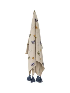 Bloomingville Wohndecken & Plaids<Decke PLANE Natur mit Flugzeugen und Blauen Quasten 160x130 cm