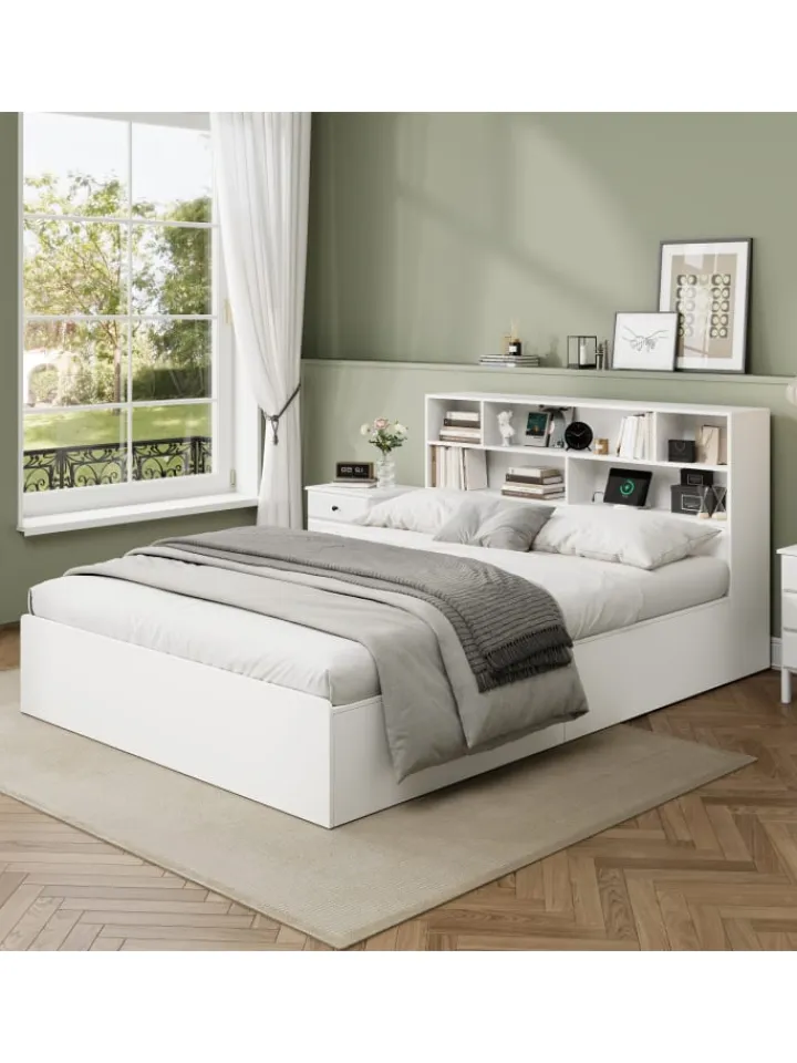 ABRIHOME Betten & Matratzen<Doppelbett Massivholzbett mit USB-Anschluss und Stauraum 140x200cm in Weiß