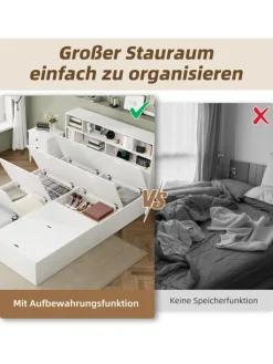 ABRIHOME Betten & Matratzen<Doppelbett Massivholzbett mit USB-Anschluss und Stauraum 140x200cm in Weiß
