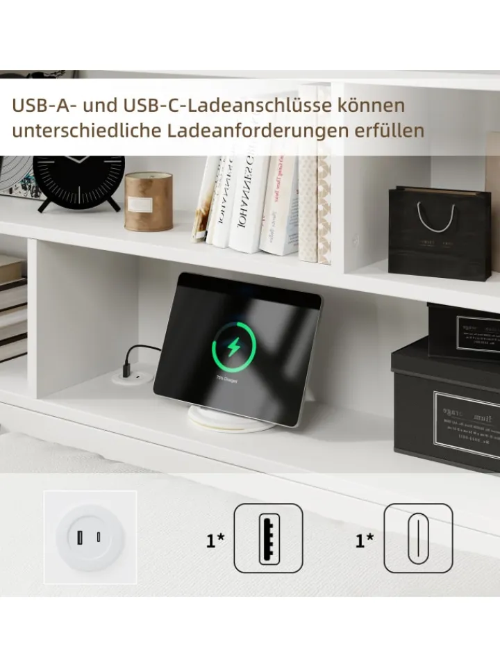 ABRIHOME Betten & Matratzen<Doppelbett Massivholzbett mit USB-Anschluss und Stauraum 140x200cm in Weiß