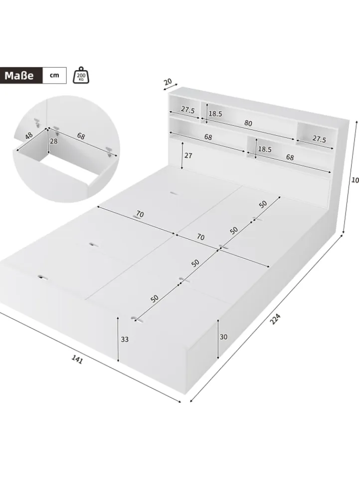 ABRIHOME Betten & Matratzen<Doppelbett Massivholzbett mit USB-Anschluss und Stauraum 140x200cm in Weiß
