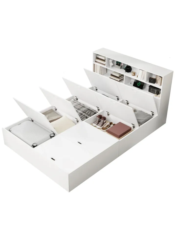 ABRIHOME Betten & Matratzen<Doppelbett Massivholzbett mit USB-Anschluss und Stauraum 140x200cm in Weiß