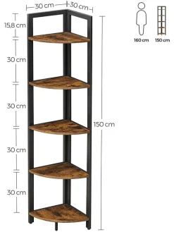 Songmics Regale & Schränke<Eckregal in Braun/ Schwarz - (B)30 x (H)150 x (T)30 cm
