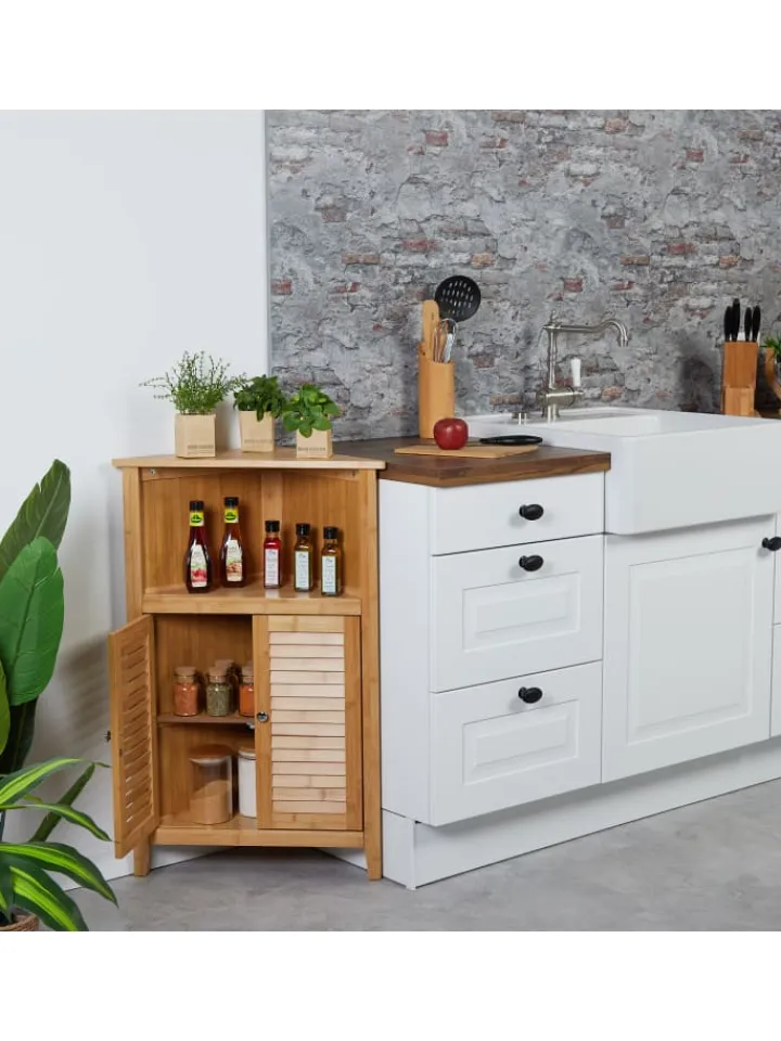 relaxdays Badmöbel|Badezimmermöbel<Eckschrank in Natur - (B)58 x (H)92 x (T)30 cm