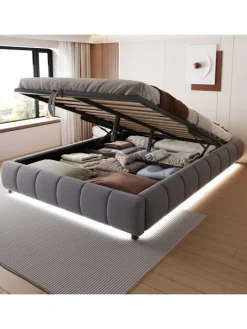 ABRIHOME Betten & Matratzen<Einzelbett 140 x 200 cm Schwebebettrahmen mit Stauraum und LED-Lichtleiste, Grau