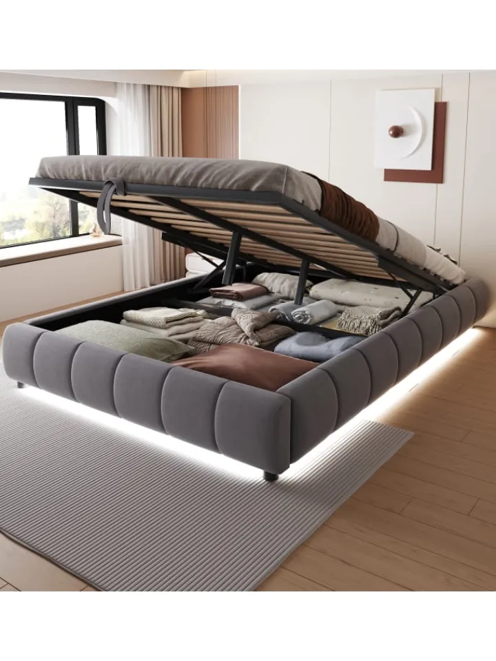 ABRIHOME Betten & Matratzen<Einzelbett 140 x 200 cm Schwebebettrahmen mit Stauraum und LED-Lichtleiste, Grau