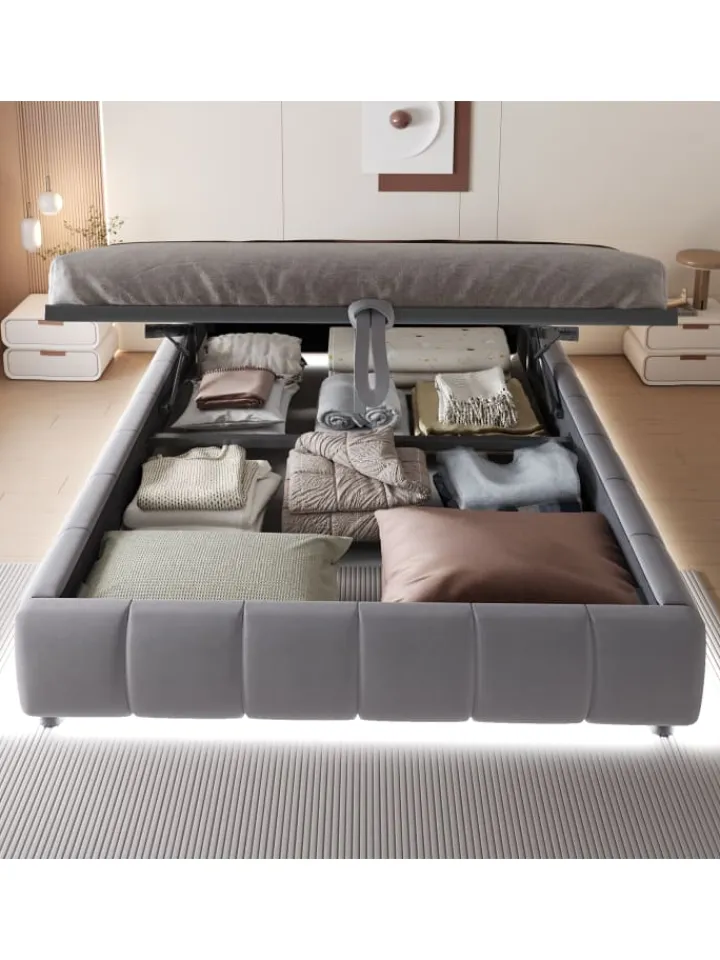ABRIHOME Betten & Matratzen<Einzelbett 140 x 200 cm Schwebebettrahmen mit Stauraum und LED-Lichtleiste, Grau