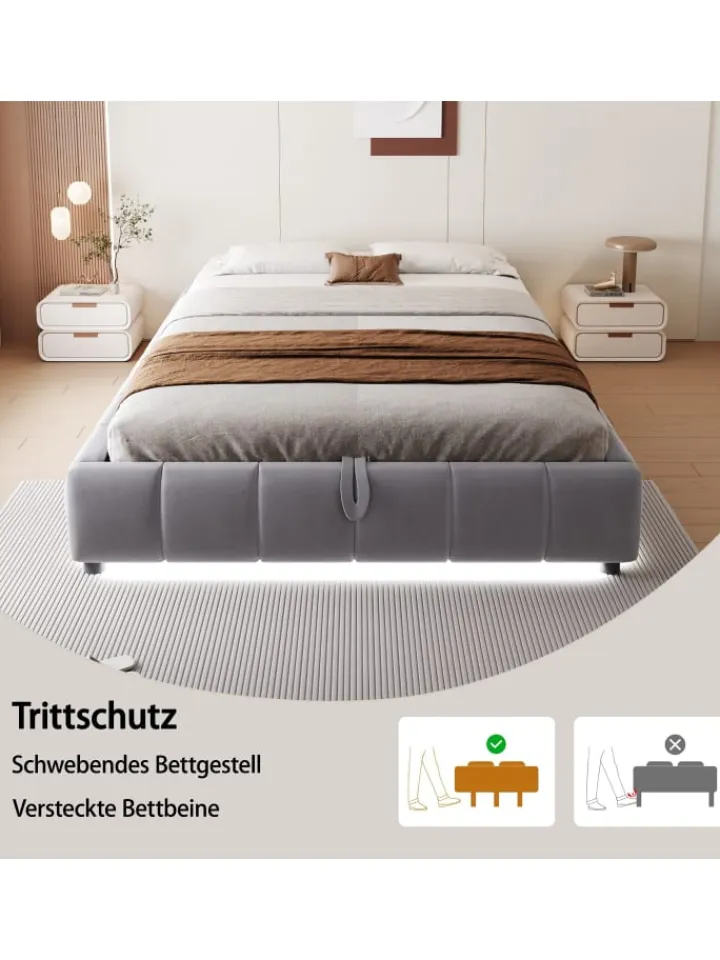ABRIHOME Betten & Matratzen<Einzelbett 140 x 200 cm Schwebebettrahmen mit Stauraum und LED-Lichtleiste, Grau