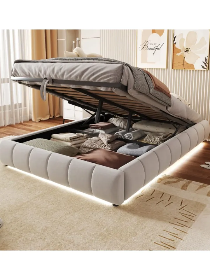 ABRIHOME Betten & Matratzen<Einzelbett 140 x 200 cm Schwebebettrahmen mit Stauraum und LED Lichtleiste, Beige