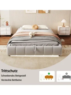 ABRIHOME Betten & Matratzen<Einzelbett 140 x 200 cm Schwebebettrahmen mit Stauraum und LED Lichtleiste, Beige