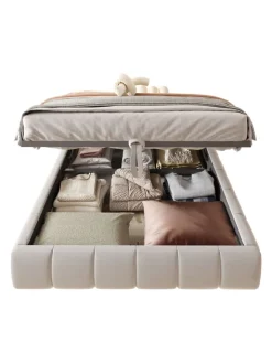 ABRIHOME Betten & Matratzen<Einzelbett 140 x 200 cm Schwebebettrahmen mit Stauraum und LED Lichtleiste, Beige