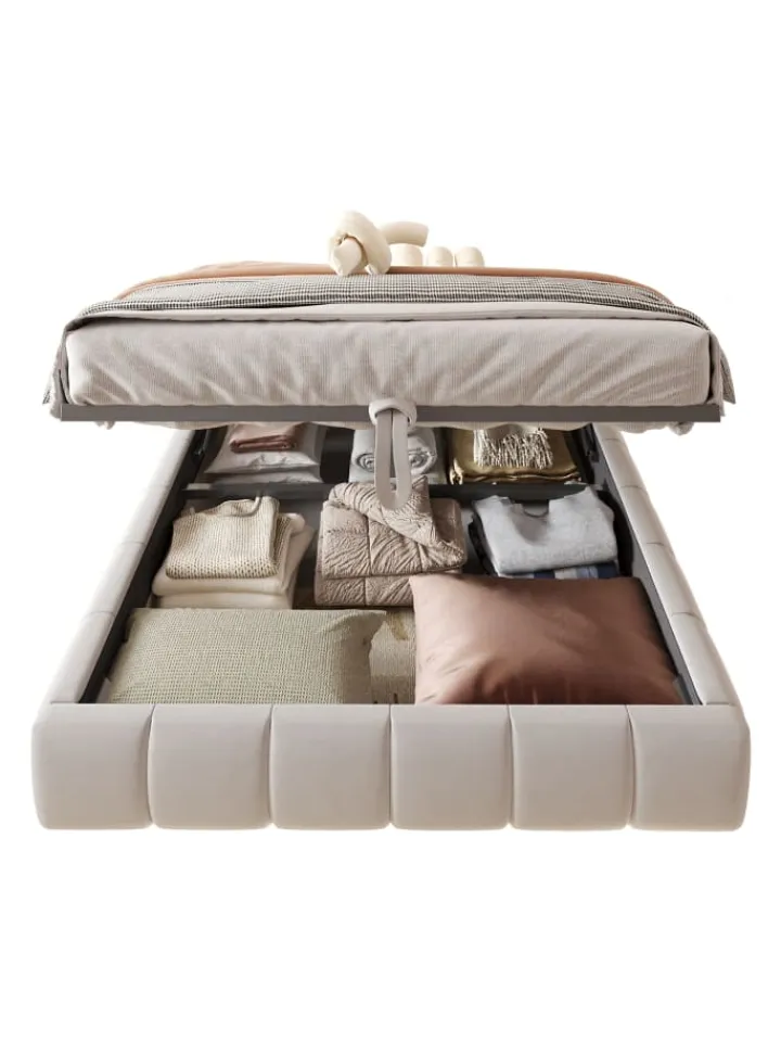 ABRIHOME Betten & Matratzen<Einzelbett 140 x 200 cm Schwebebettrahmen mit Stauraum und LED Lichtleiste, Beige