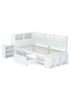 ABRIHOME Betten & Matratzen<Einzelbett in Weiß mit Schubladen Regal und Stauraum 90x200 cm