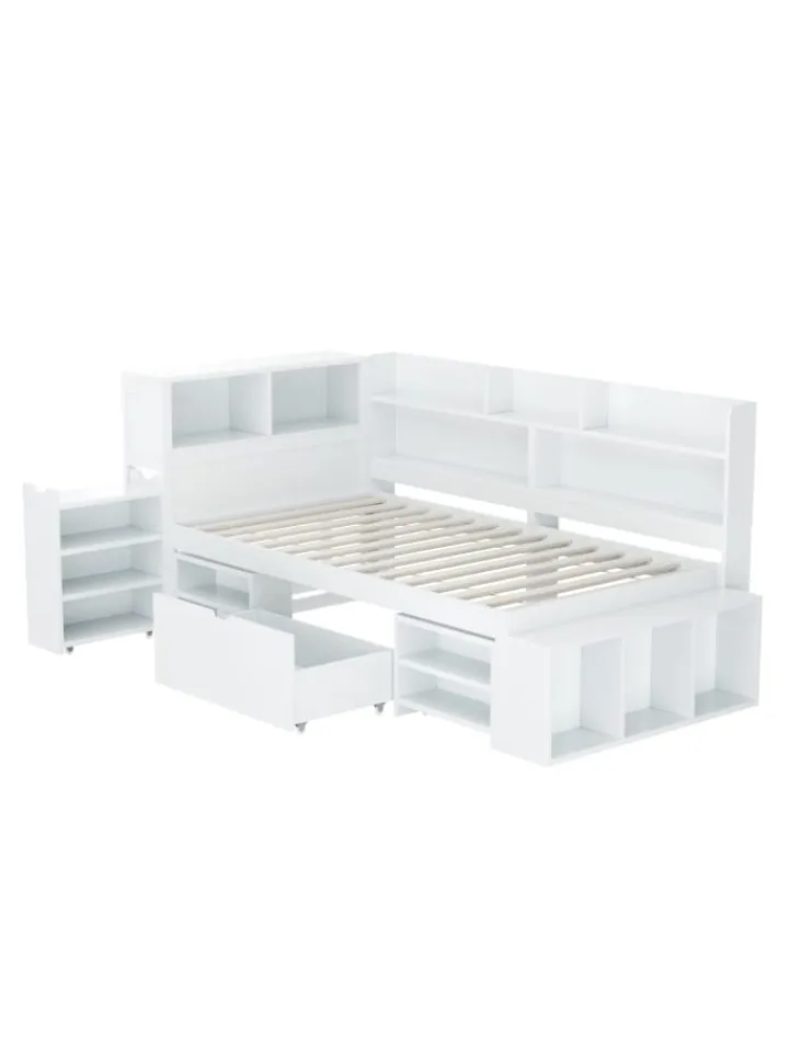 ABRIHOME Betten & Matratzen<Einzelbett in Weiß mit Schubladen Regal und Stauraum 90x200 cm