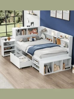 ABRIHOME Betten & Matratzen<Einzelbett in Weiß mit Schubladen Regal und Stauraum 90x200 cm