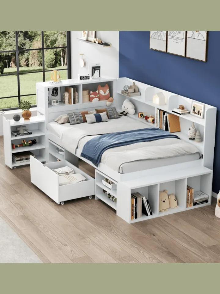 ABRIHOME Betten & Matratzen<Einzelbett in Weiß mit Schubladen Regal und Stauraum 90x200 cm