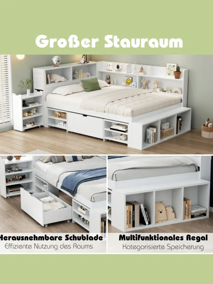 ABRIHOME Betten & Matratzen<Einzelbett in Weiß mit Schubladen Regal und Stauraum 90x200 cm