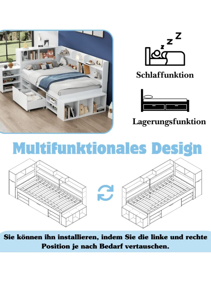 ABRIHOME Betten & Matratzen<Einzelbett in Weiß mit Schubladen Regal und Stauraum 90x200 cm