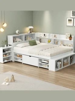 ABRIHOME Betten & Matratzen<Einzelbett in Weiß mit Schubladen Regal und Stauraum 90x200 cm