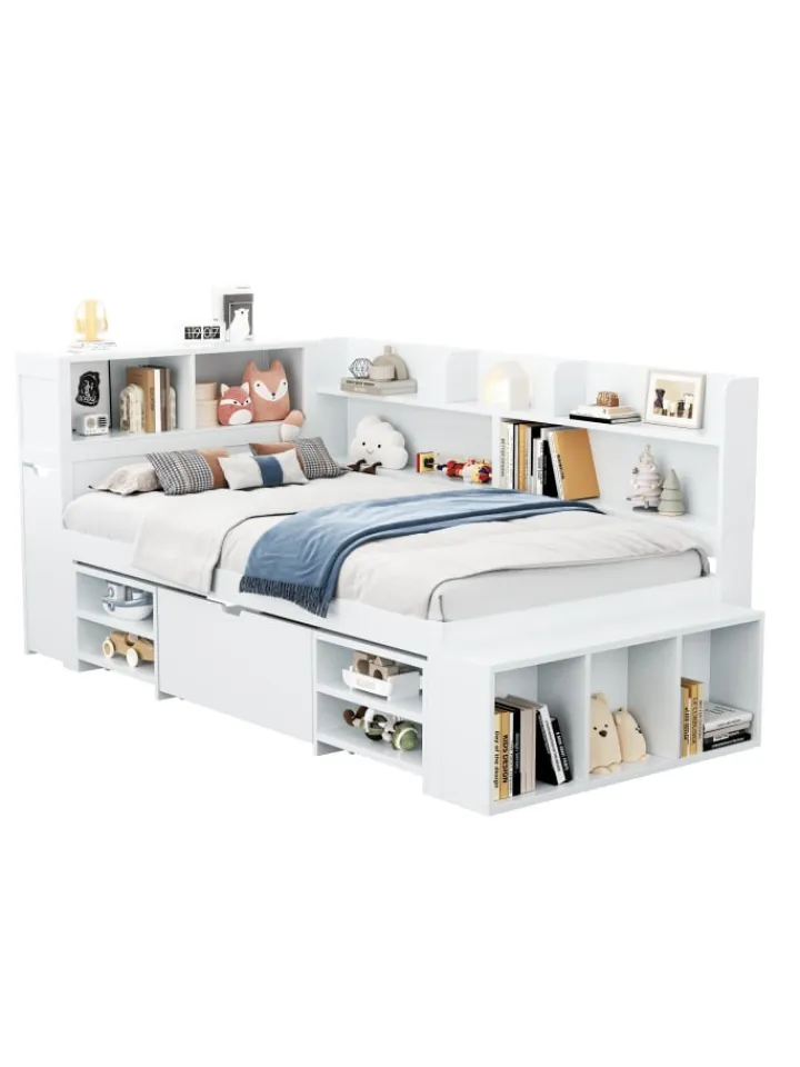 ABRIHOME Betten & Matratzen<Einzelbett in Weiß mit Schubladen Regal und Stauraum 90x200 cm