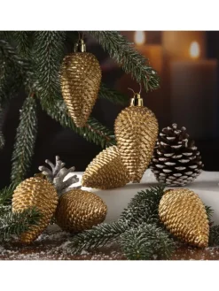 MARELIDA Weihnachtsschmuck<6er Set Baumschmuck Tannenzapfen bruchfest glitzernd in gold