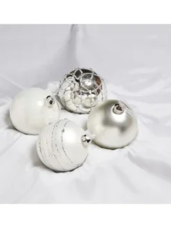 MARELIDA Weihnachtsschmuck<4er Set Weihnachtskugeln Glas D: 10cm in silber, weiß