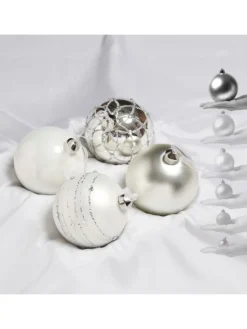 MARELIDA Weihnachtsschmuck<4er Set Weihnachtskugeln Glas D: 10cm in silber, weiß