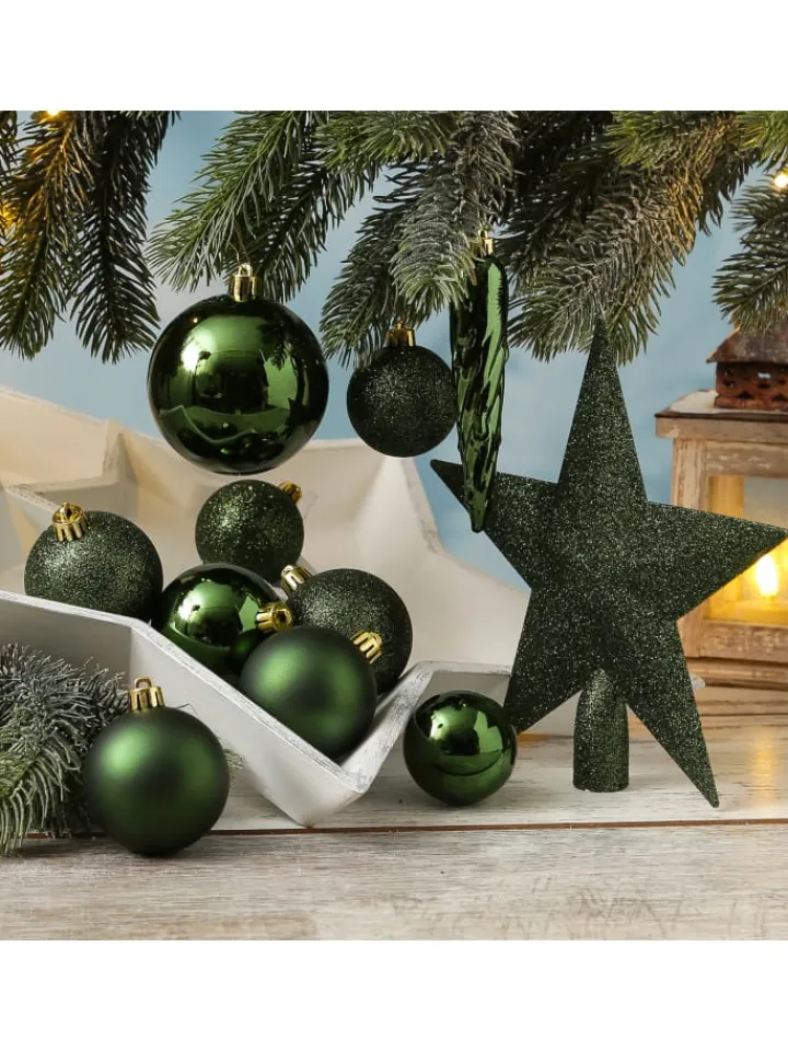 MARELIDA Weihnachtsschmuck<33er Set Weihnachtskugeln mit Stern Baumspitze bruchfest in grün