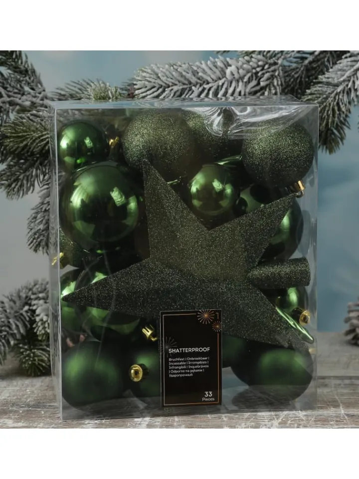 MARELIDA Weihnachtsschmuck<33er Set Weihnachtskugeln mit Stern Baumspitze bruchfest in grün