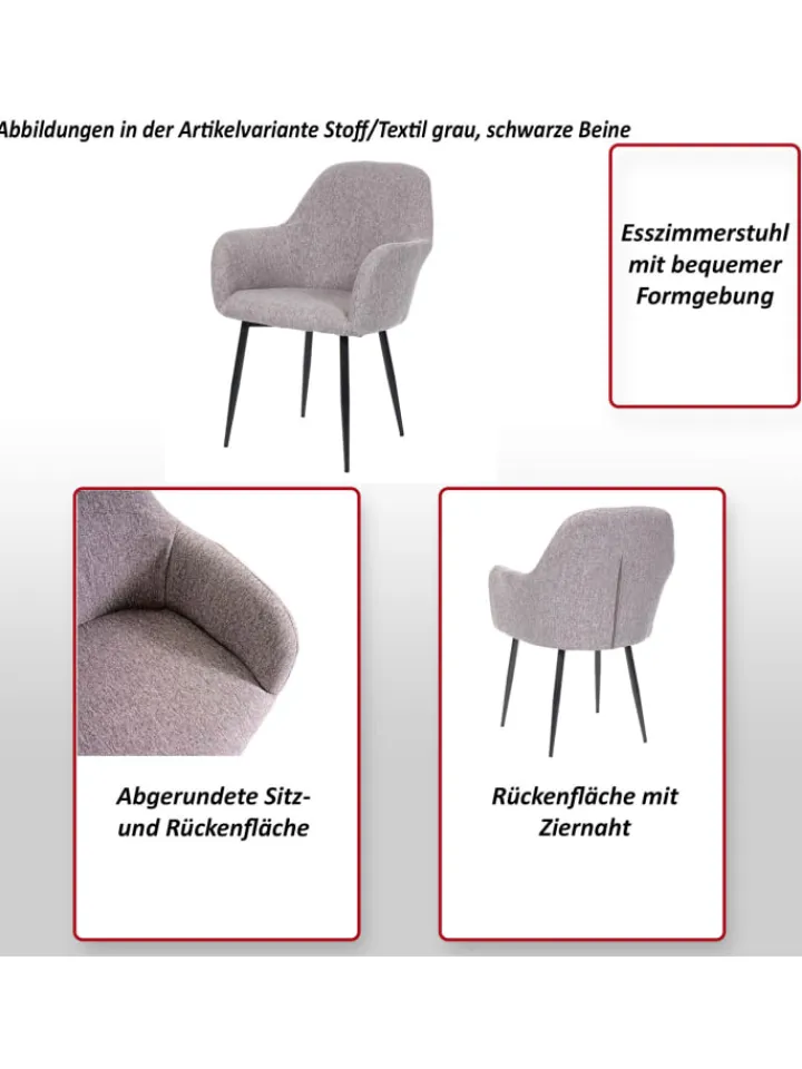 MCW Möbel-Sets<6er-Set Retro Esszimmerstuhl F18, Stoff/Textil grau, schwarze Beine