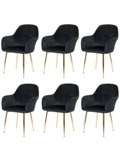 MCW Möbel-Sets<6er-Set Retro Esszimmerstuhl F18, Samt schwarz, goldene Beine
