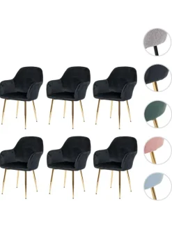 MCW Möbel-Sets<6er-Set Retro Esszimmerstuhl F18, Samt schwarz, goldene Beine