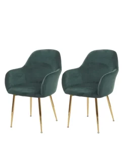MCW Möbel-Sets<2er-Set Retro Esszimmerstuhl F18, Samt grün, goldene Beine