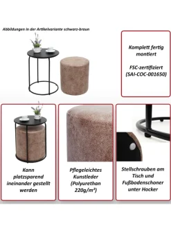 MCW Möbel-Sets<2er-Set Sitzhocker und Beistelltisch K48, Schwarz