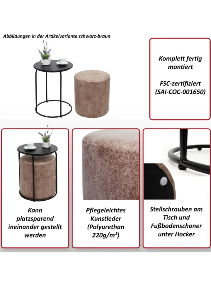 MCW Möbel-Sets<2er-Set Sitzhocker und Beistelltisch K48, Schwarz